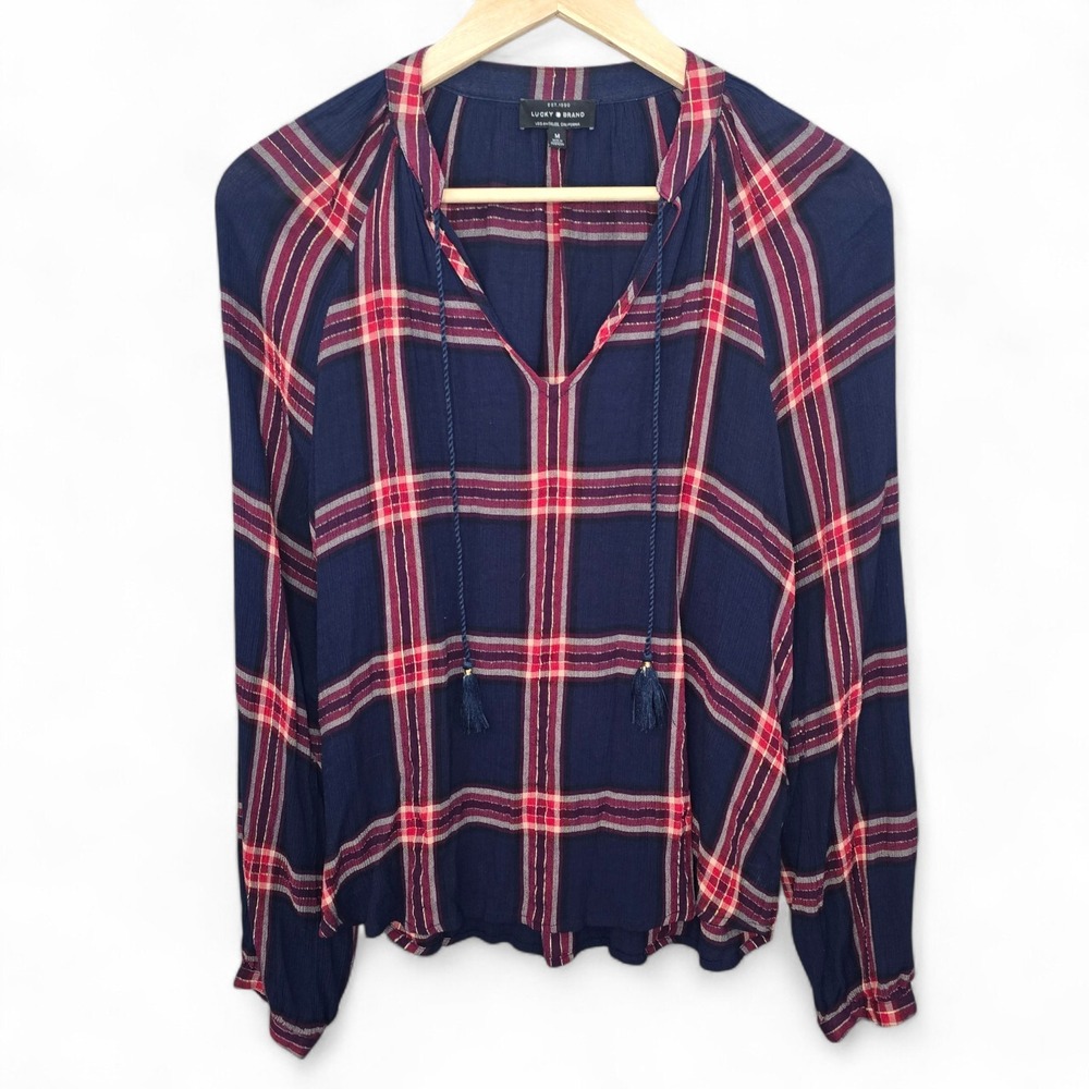 Lucky Brand Top Womens Medium Blue Plaid Peasant Blouse Neck Tie Boho Casual